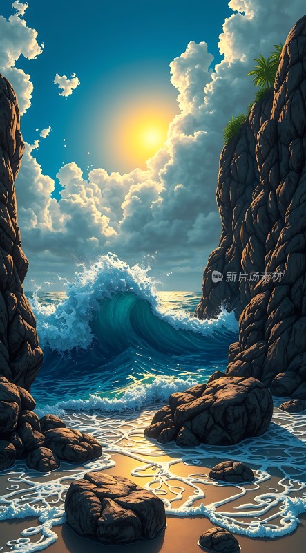 阳光下的海浪与岩石