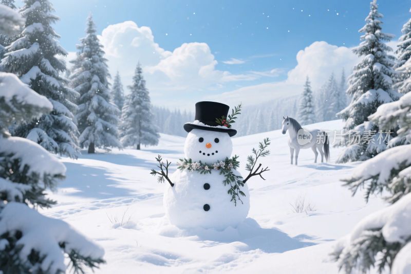 冬日雪地雪人与白马