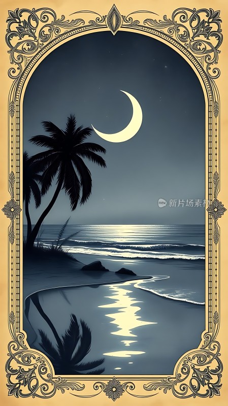 椰林新月映波光