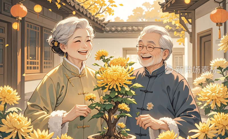 重阳节创意插画老人菊花