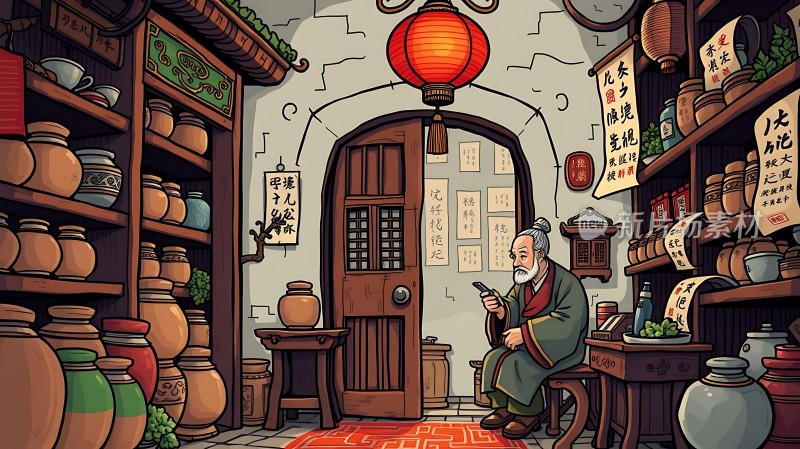 古风中药铺里的老人