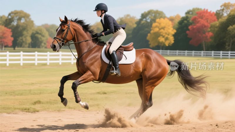 骑手骑马驰骋在秋日场地