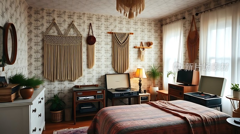 复古卧室温馨舒适绿植点缀音乐相伴