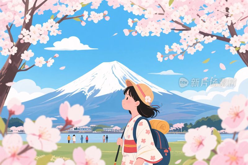 春日樱花富士山插画