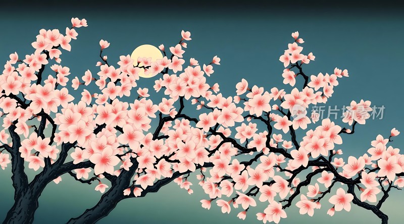 春夜月下樱花绽放