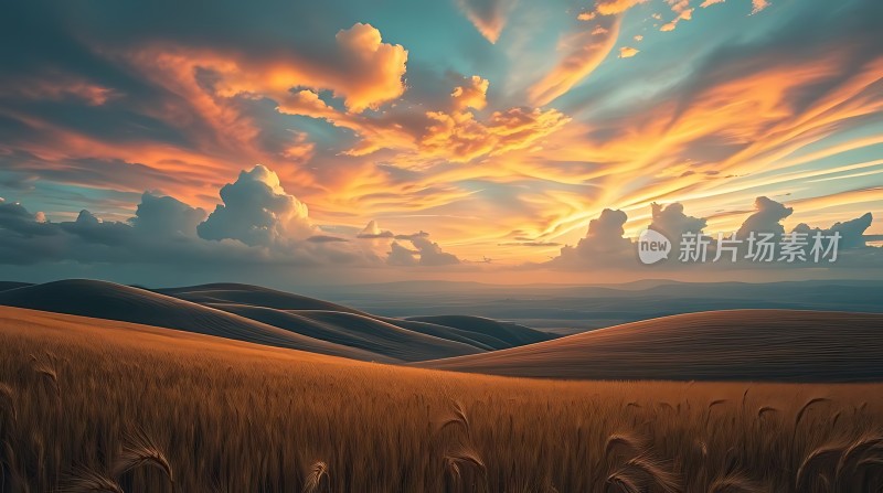 金色麦浪下的壮丽日落