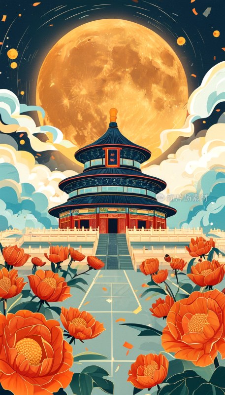 天坛中秋国庆插画