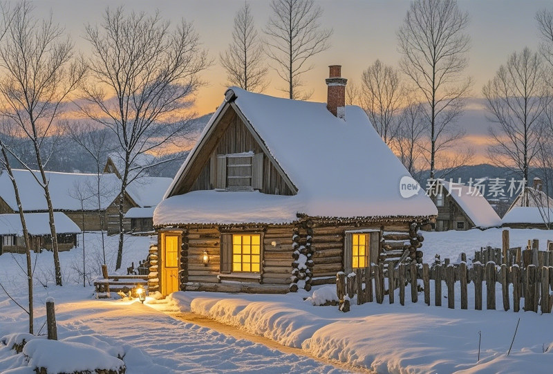 木屋冬天雪景黄昏