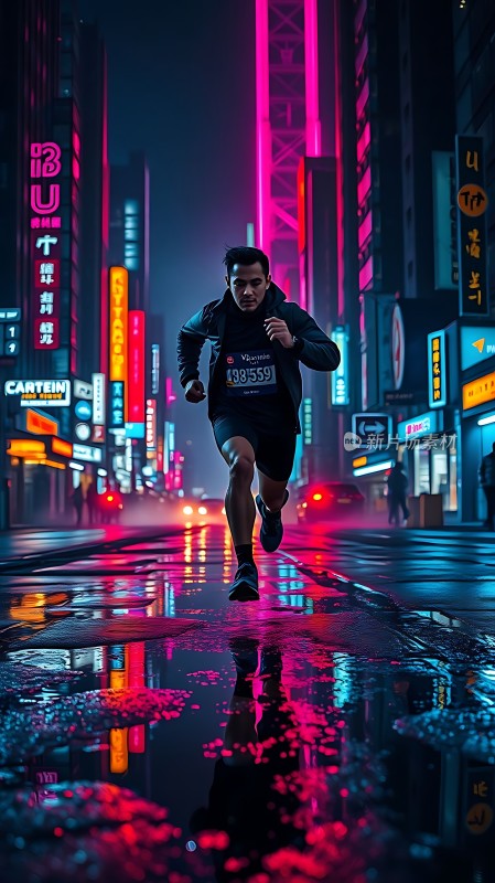 霓虹灯光下的奔跑者