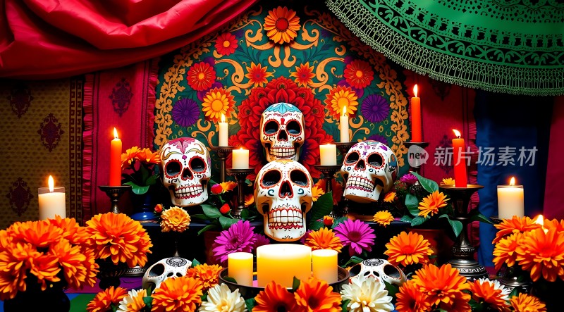 彩色骷髅花烛祭坛