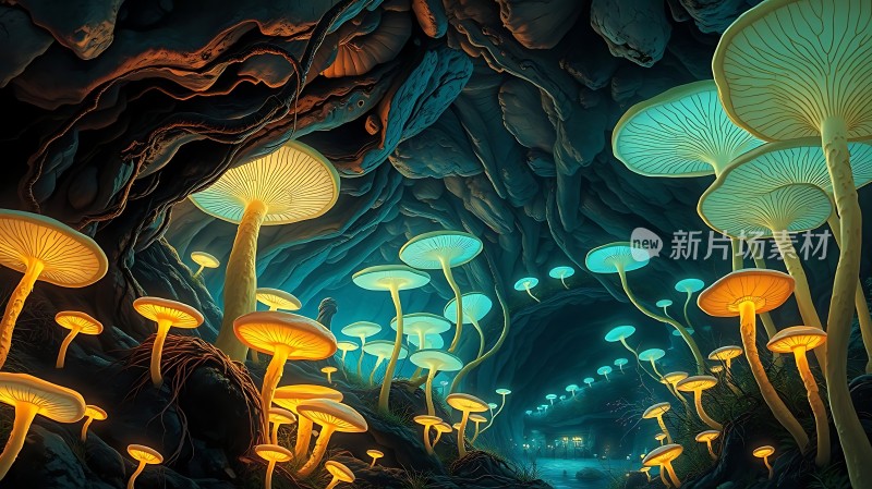 神秘洞穴中的荧光蘑菇世界