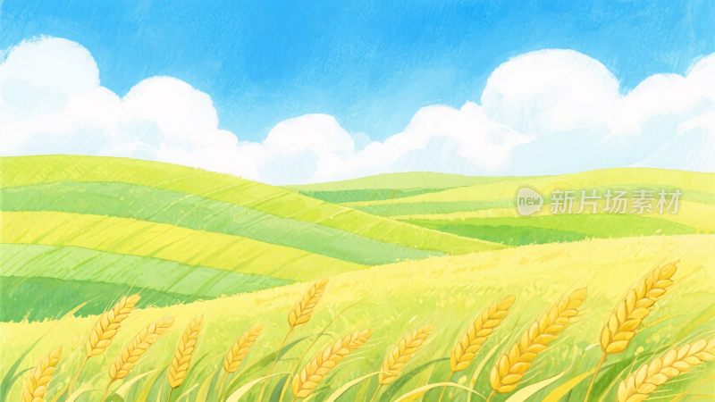 插画风格的麦田风景