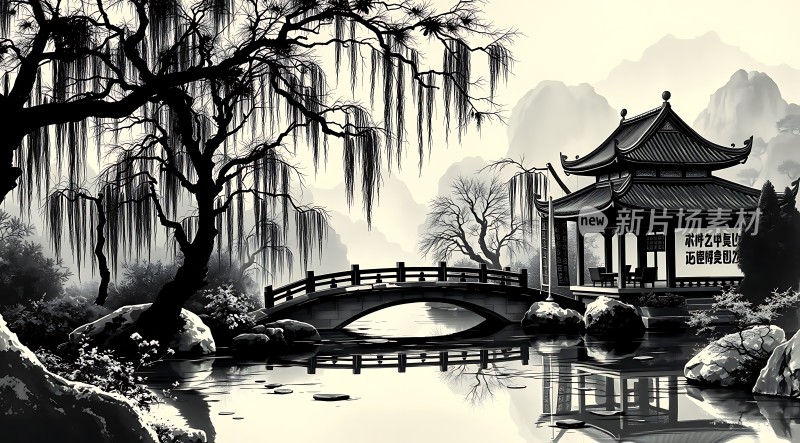 古桥柳影映水阁