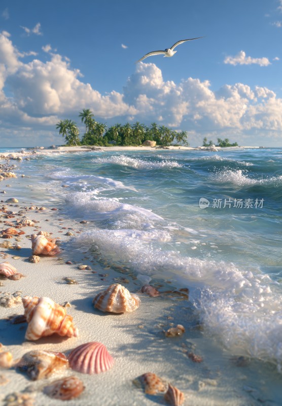 海边沙滩贝壳与飞翔海鸥