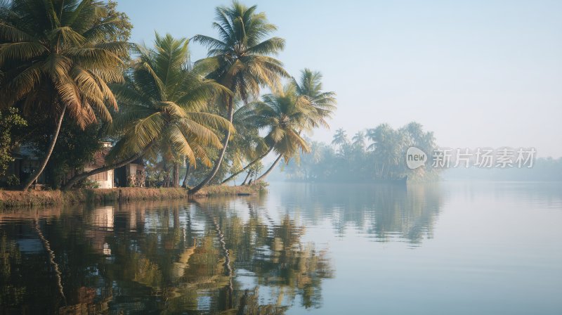 晨雾中的椰树湖畔美景