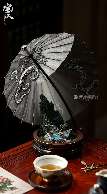 龙纹油纸伞下的静谧茶道