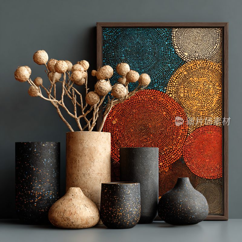 多彩装饰画与花瓶组合静物