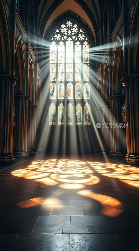 阳光洒满教堂内部彩色玻璃窗透出神圣光芒