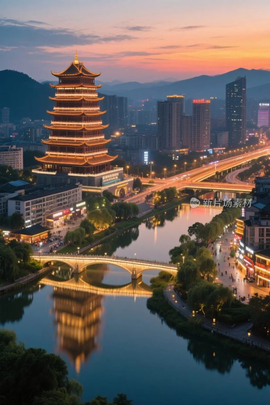 城市古塔夜景图