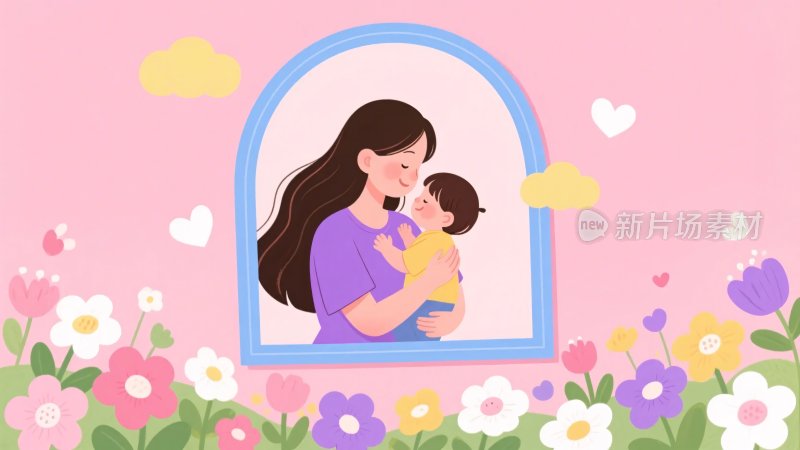 母亲与孩子温馨相拥插画
