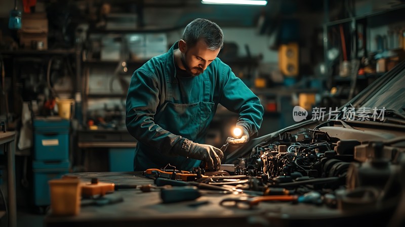 机械师专注检修汽车引擎