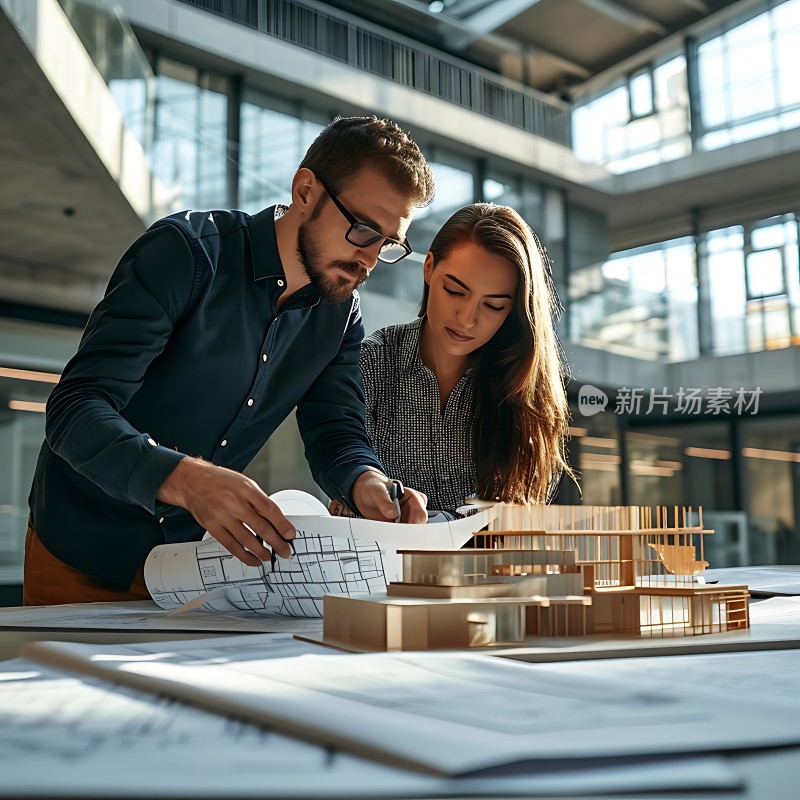 建筑师团队专注研究建筑模型和图纸