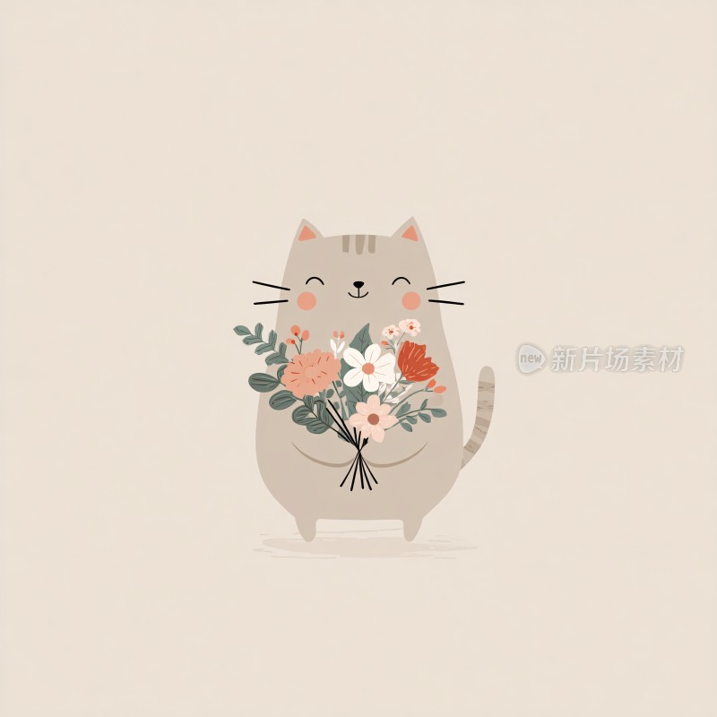 手持花束的可爱猫咪插画