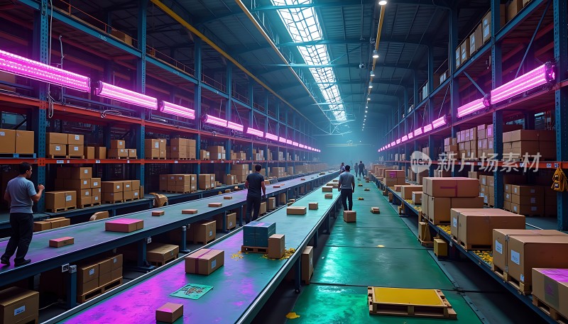 仓库传送带上的忙碌工作场景