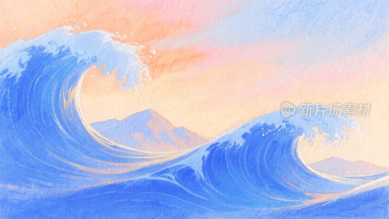 海浪与远山的唯美插画