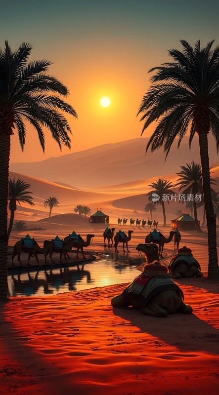 沙漠驼影日落图