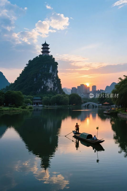 河岸古塔小船风景图