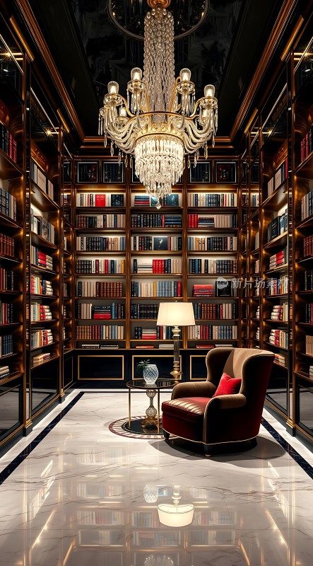 豪华书房书架、吊灯、沙发椅