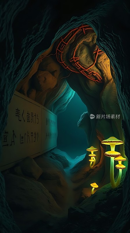 神秘洞穴中的发光蘑菇