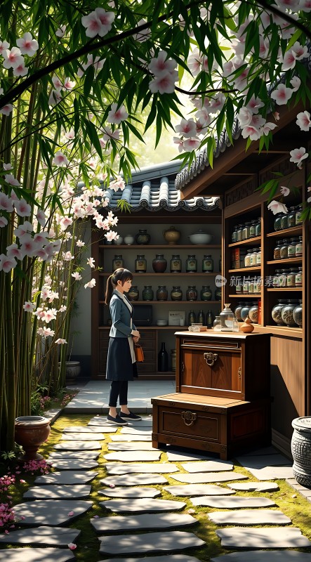 古风女子漫步在药铺前