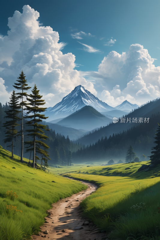 有土路和森林山景高清插图片