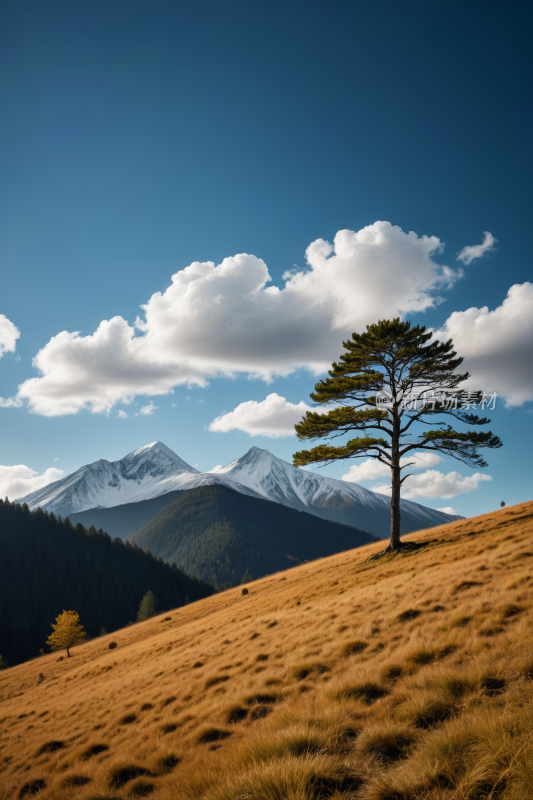 在草山上一棵孤树高山清风景图片