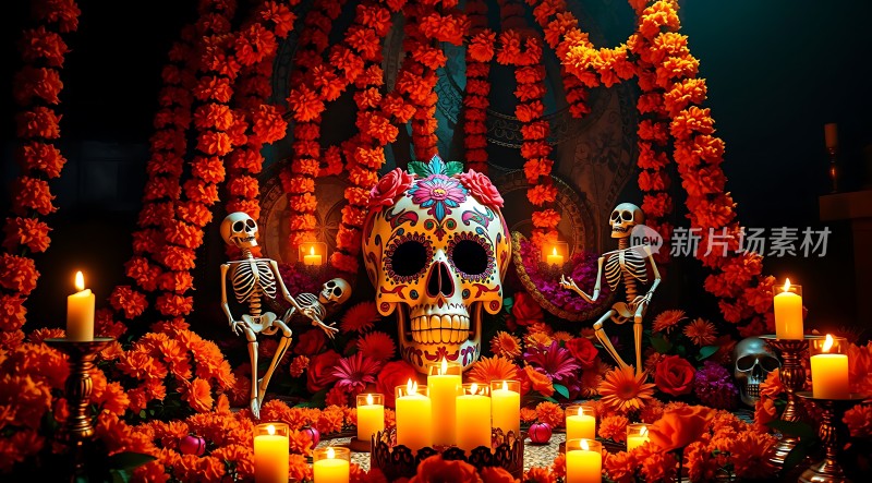 亡灵节祭坛骷髅与蜡烛共舞
