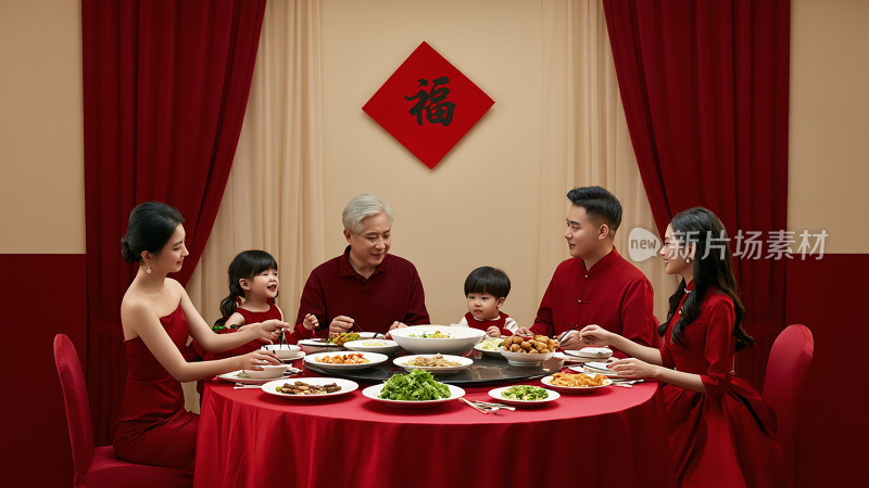 春节喜庆一家人阖家团圆幸福年夜饭团圆饭