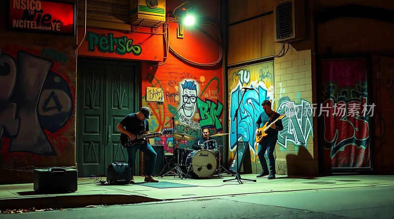 街头乐队激情演奏涂鸦墙背景下的音乐盛宴