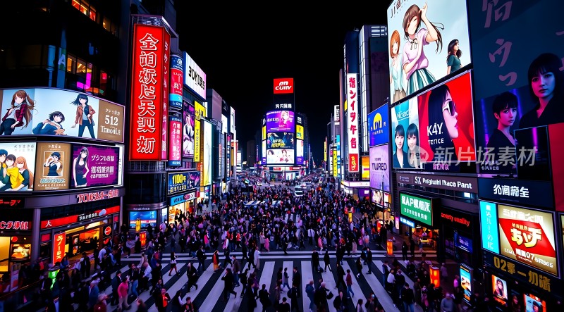 繁华都市夜景霓虹闪烁人群熙攘