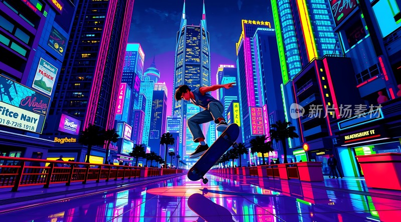 霓虹城市滑板少年