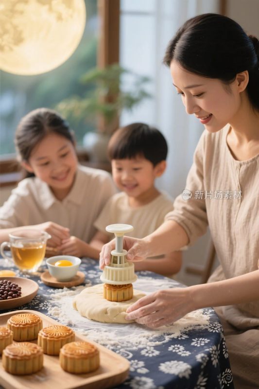 家庭月饼制作温馨场景