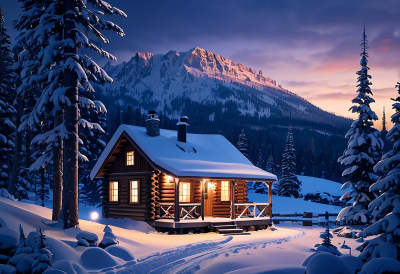 房屋夜晚冬天冰雪自然风景