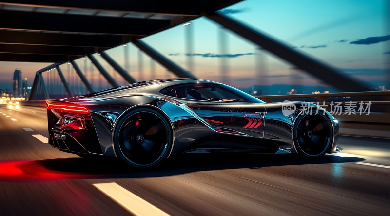 未来座驾黑色流线型跑车在桥上疾驰
