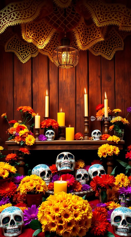 亡灵节祭坛骷髅与鲜花共舞