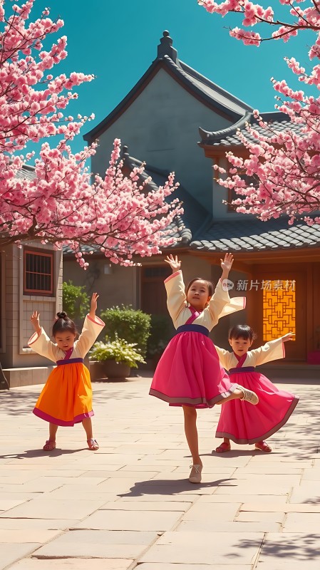 春日樱花下身着传统服饰的孩子们欢快起舞