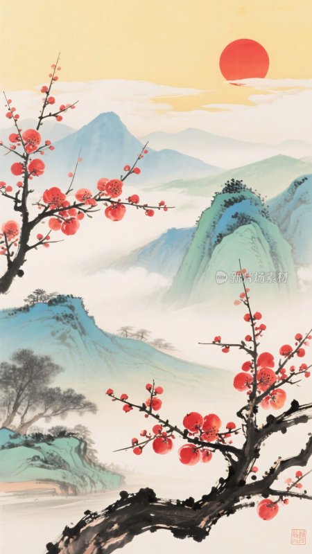 红梅映日山水国画
