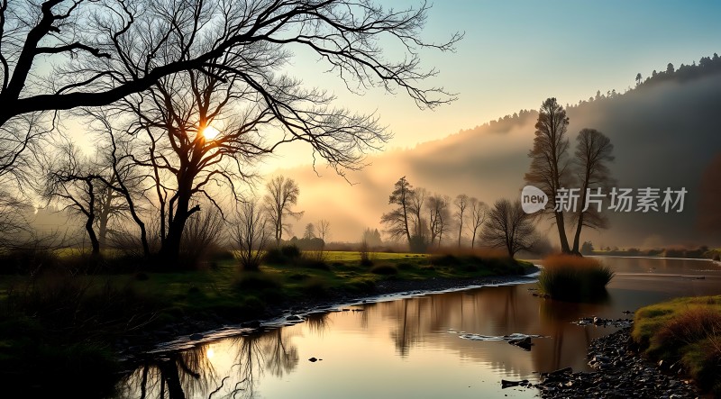 晨曦映照下的宁静湖畔风光