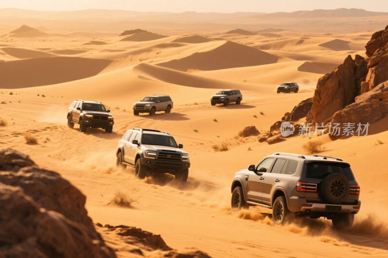 沙漠中行驶的多辆越野车