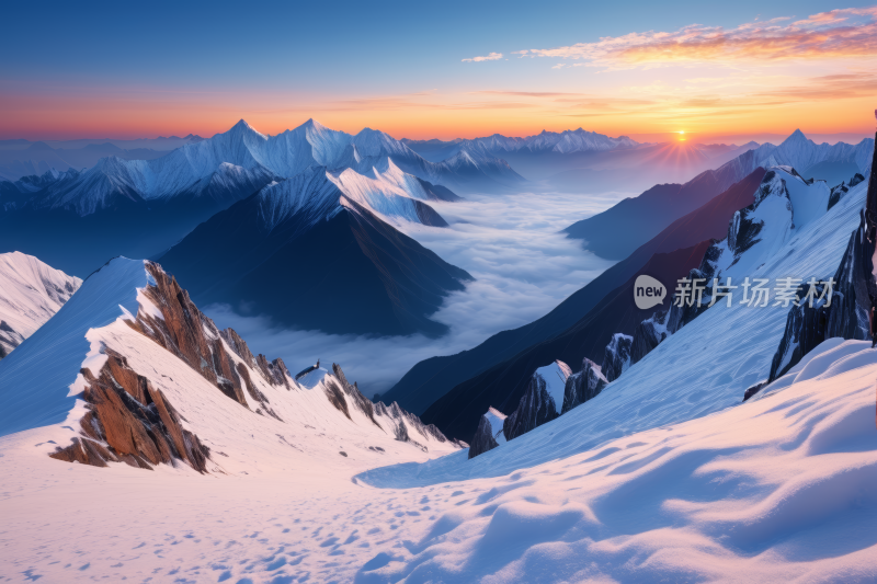 日落时分山上覆盖着雪和云滑雪板上有人风景